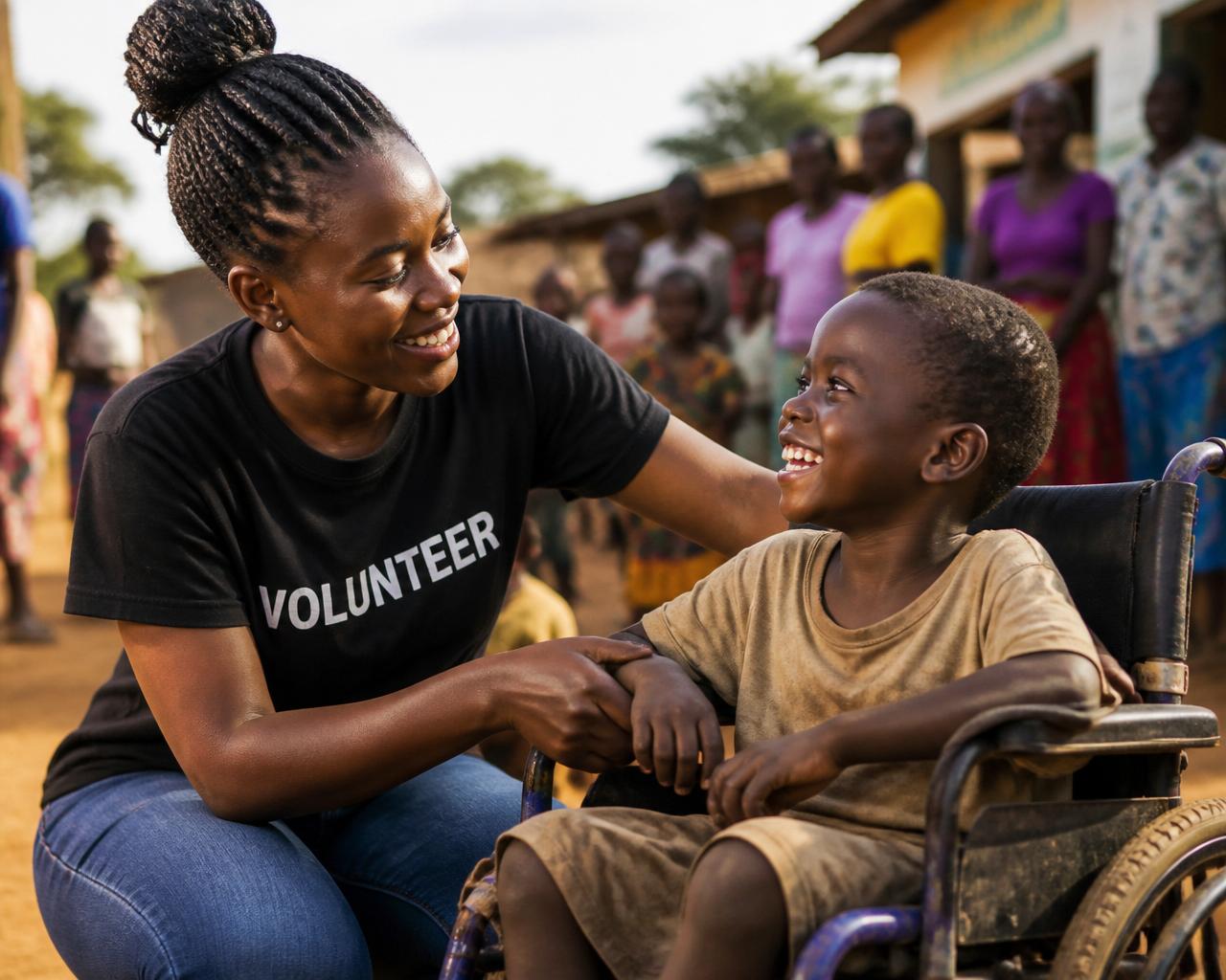 Volunteer supporting a child with a disability in Uganda